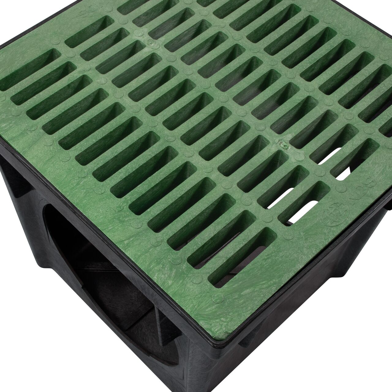 Top Down view of the plastic 24 in. Square Catch Basin Drain with 2 Openings (NDS 2400) with a 24 in. Green Catch Basin Drain Grate installed