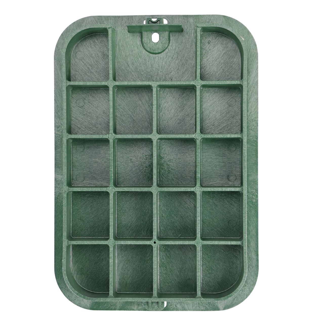 Top down view of the underside of the Green Electrical cover (NDS 113CE) for the NDS 14 X 19 in. Rectangular Standard Series valve box showing reinforcing ribs that help support pedestrian and lawn care equipment