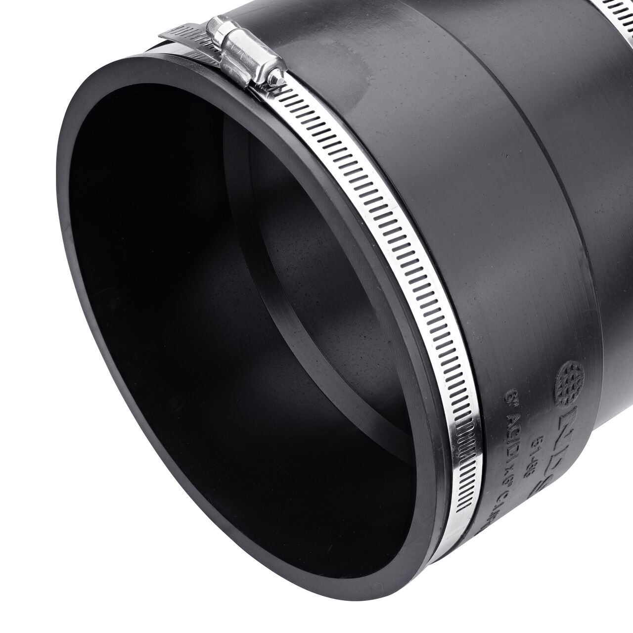 Closeup view of the large end on the NDS 6 in. flex coupling for asbestos cement fibre/ductile pipe to cast iron or plastic pipe (NDS 51-66)