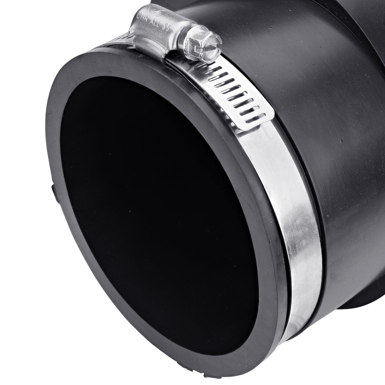 Closeup view of the small end on the NDS 4 in. X 3 in. flex eccentric coupling connects two slightly offset cast iron/sewer and drain or DWV/copper/steel/lead pipes (NDS 56-E43)