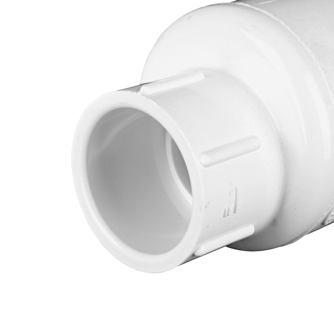 Closeup of outlet end on the NDS White 1 in. slip end by slip end PVC Swing Check Valve (NDS 1520-10)