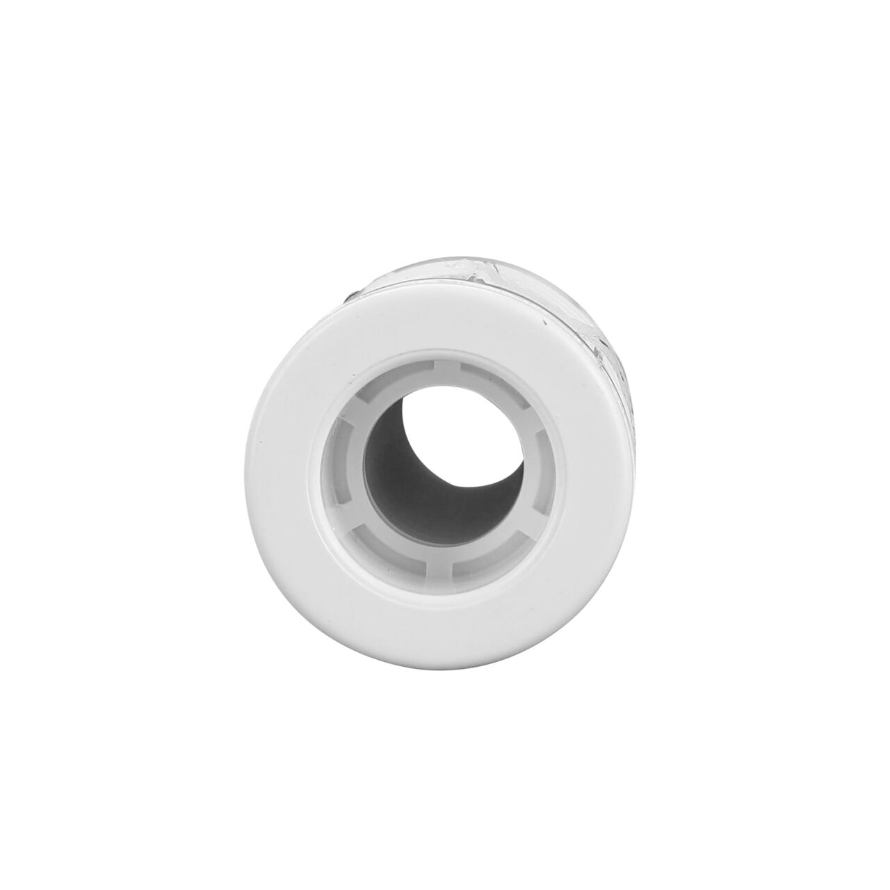What the compact Pro-Span 1/2 in. Expansion Repair Coupling (NDS 118-05C) looks like when looking through the slip end with easy-grip bars and ribs to make it easier to twist