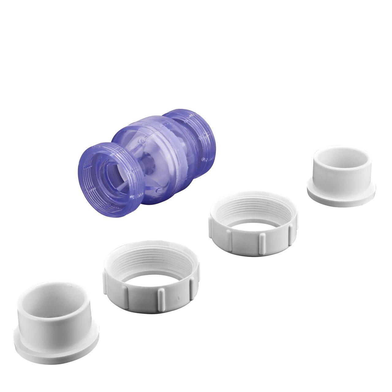 Unassembled view of the NDS Clear 1-1/2 in. slip end by slip end with 1/2 lb. spring PVC True Union Spring Check Valve (NDS 1700C15) where ends unscrew to remove for maintenance