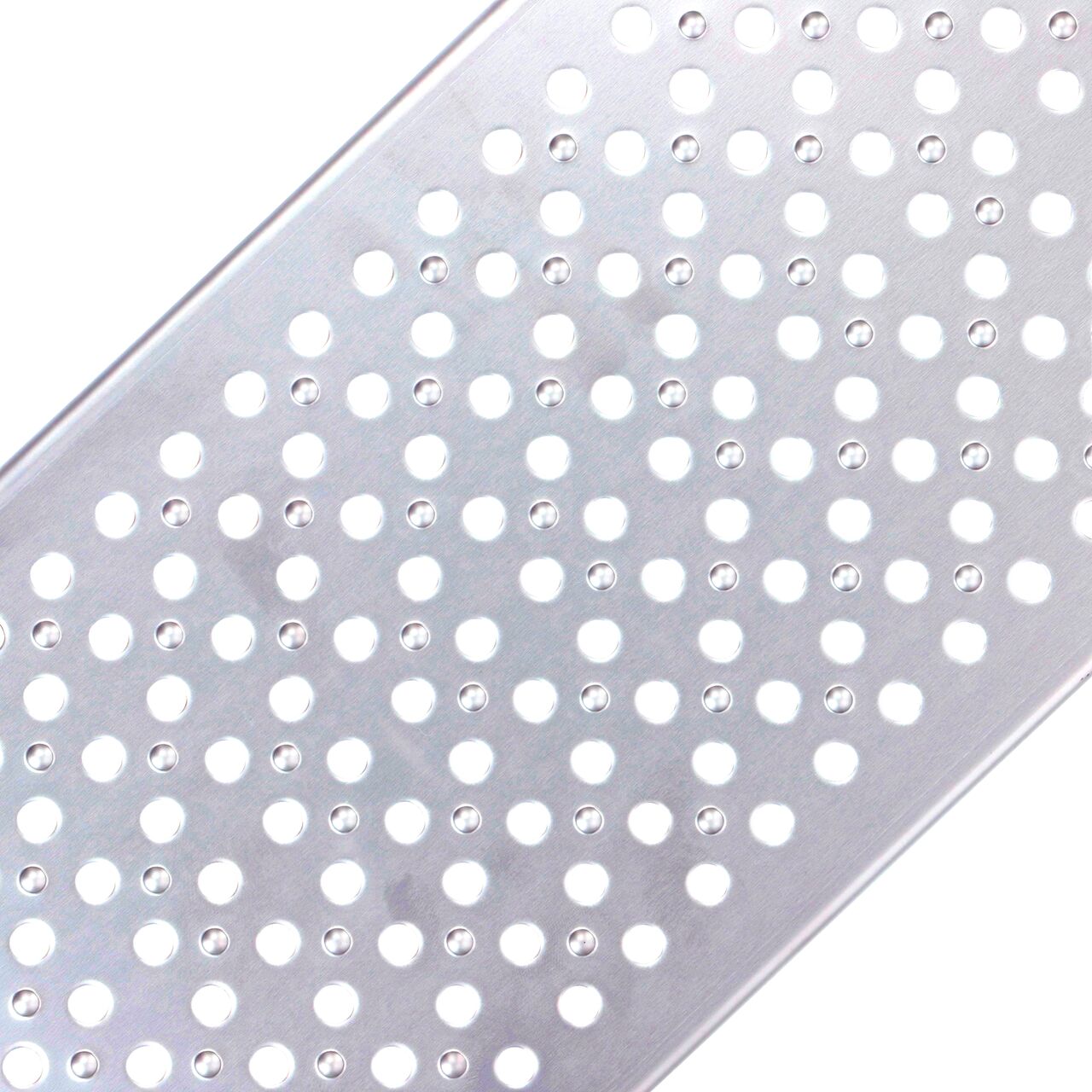 Angled closeup view of grate design on the NDS Dura Slope Stainless Steel Perforated Channel Grate(NDS-226)