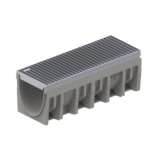 The BG-FILCOTEN® by NDS® pro V 300 Trench Channel Drain with Galvanized Steel Rails with a one 1 miter galvanized steel grate with mesh design installed (NDS 10630200, NDS 17030222)