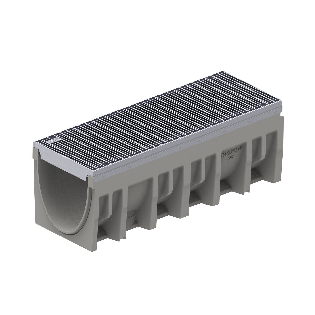 The BG-FILCOTEN® by NDS® pro V 300 Trench Channel Drain with Galvanized Steel Rails with a one 1 miter galvanized steel grate with mesh design installed (NDS 10630200, NDS 17030222)