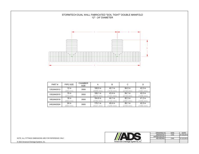12" - 24" StormTech Dual Wall Fabricated Soil Tight Double Manifolds (StormTech Dual Wall HDPE Fittings)
