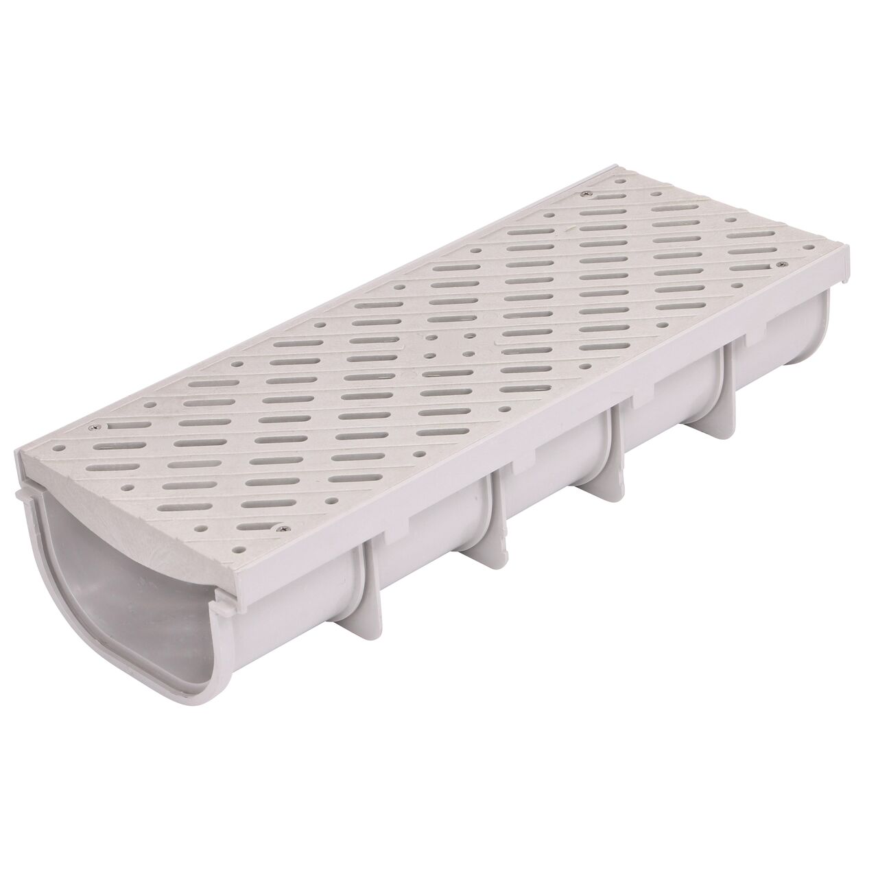 One 8 in. Pro Series Pedestrian Channel Drain Grate made of Light Gray Plastic (NDS 836) fits on one 8 in. Pro Series Channel Drain, Shallow Profile (NDS 830)