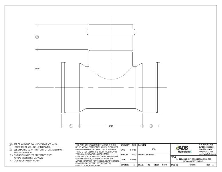 24 x 24 N-12 Dual Wall Tee with Gasketed SWR Bell Nyloplast Detail