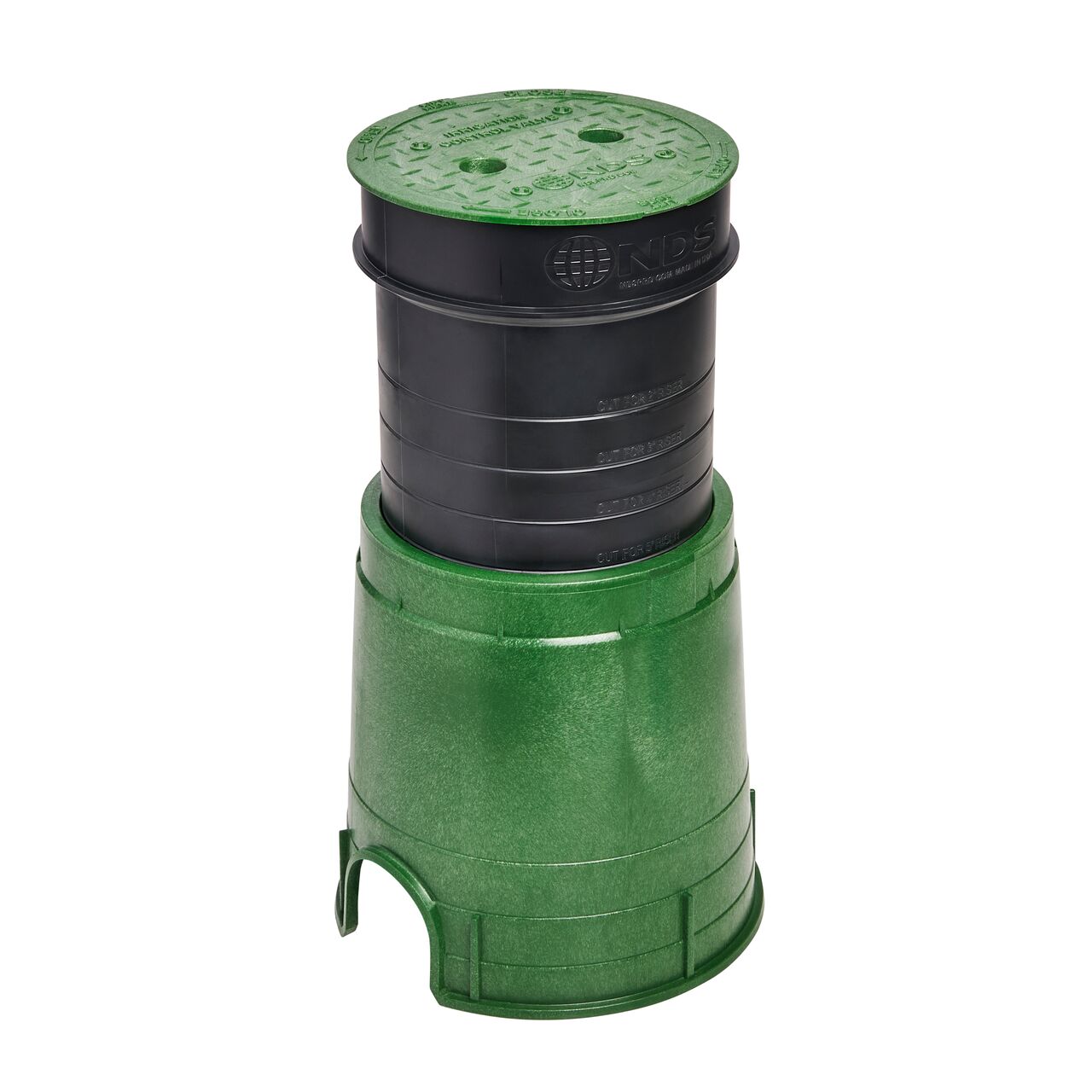 The NDS 6 in. Standard Series Green Valve Box and Cover with  6 in. Spee-D® riser attached to extend the basin intake to the surface level (NDS 2108BC)