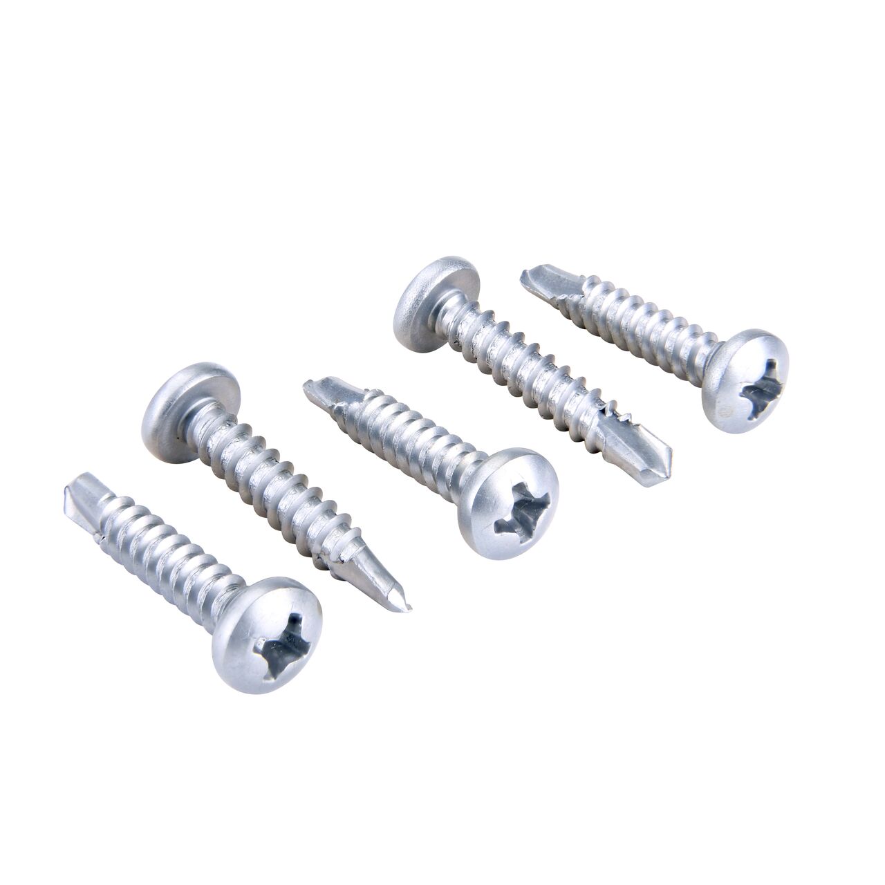 Multiple #6 Phillips Pan Head Screws (NDS DS-123) show both the pan head and the pointed tip which allows them to easily thread into the Dura Slope channel male end and grate seat