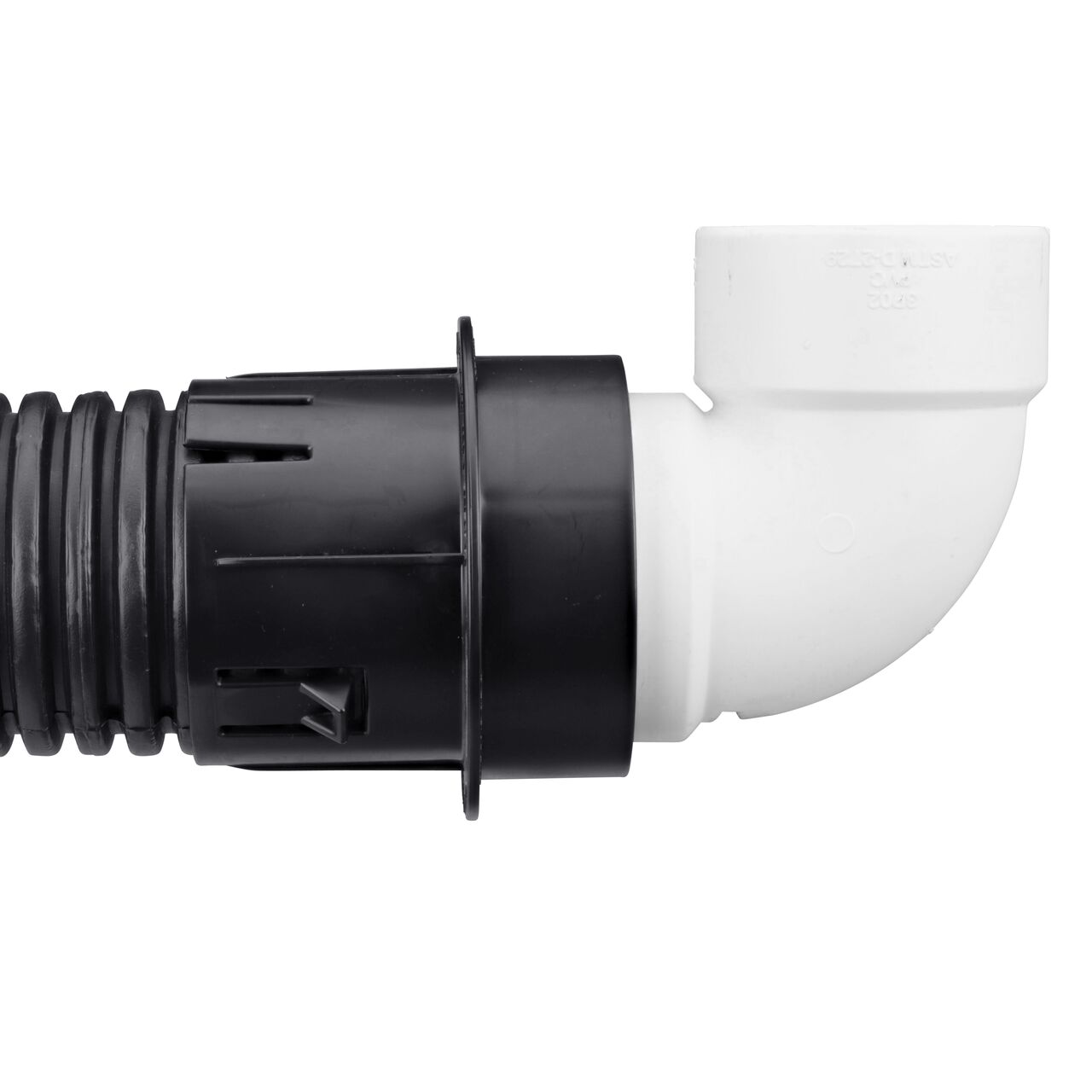 NDS Fitting Adapter (NDS 1241) connects the NDS 3 in. PVC S&D 90° Elbow, 3 in. Hub X Hub (NDS 3P02) to 3 in. corrugated pipe