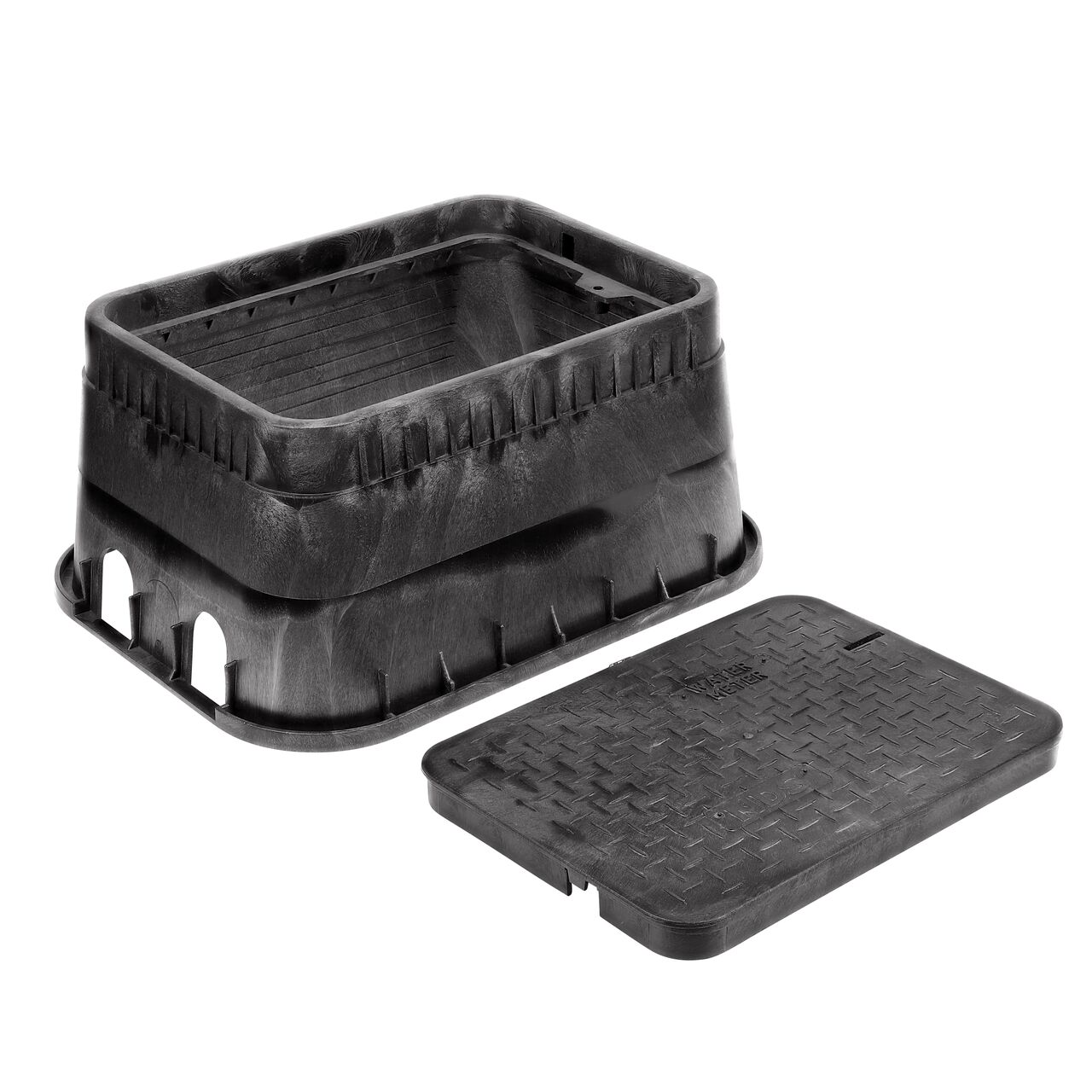 Unassembled View of the NDS 13 in. X 20 in. Rectangular AMR meter box with dual pipe slots and locking Black Water Meter Drop-in AMR bottom mount cover (NDS D15DU-BAMR)