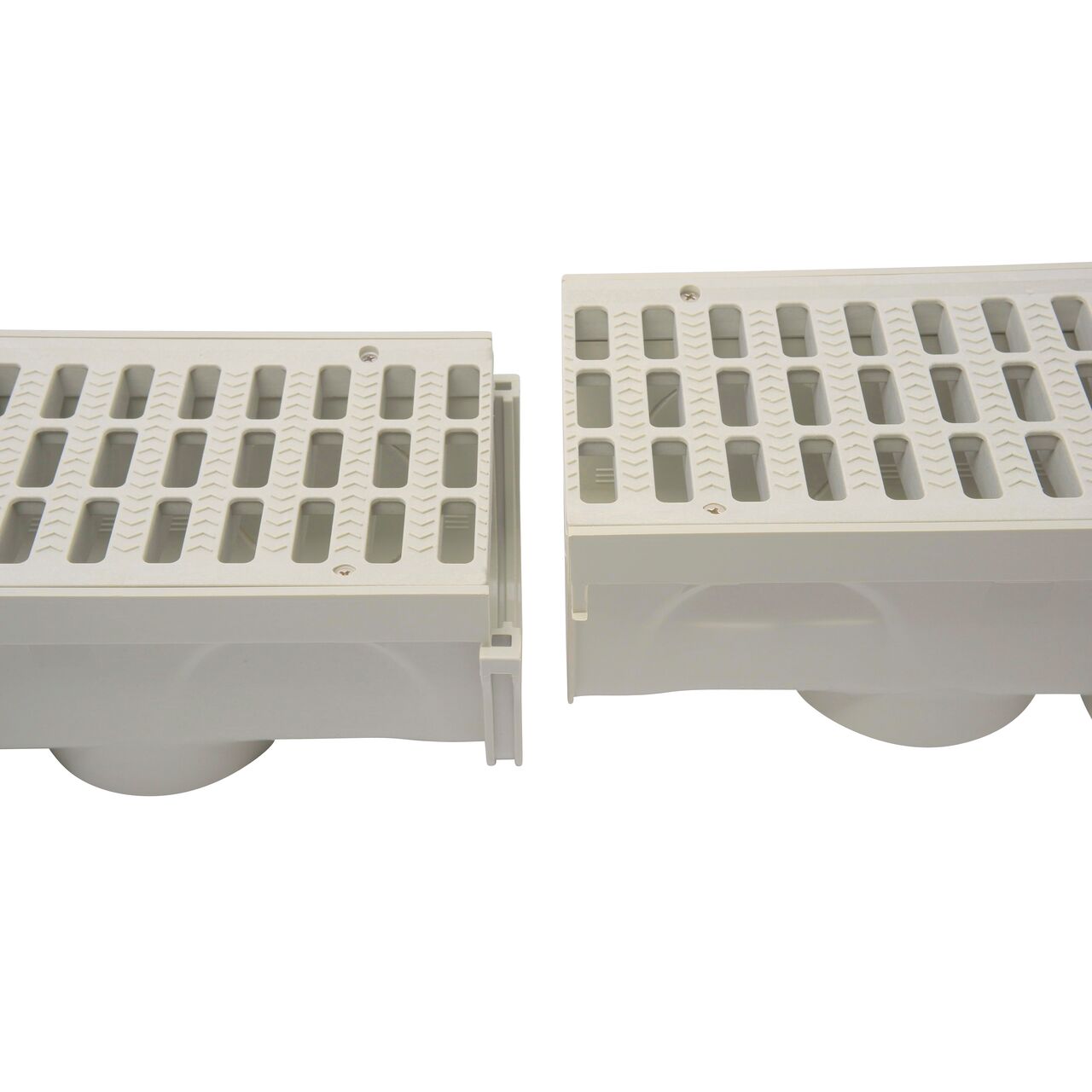 Step 2 is to lift one NDS 5 in. Pro Series Channel Drain to connect to another with the interlocking joints; no couplings required (NDS 864G*, NDS M864G, NDS 800)