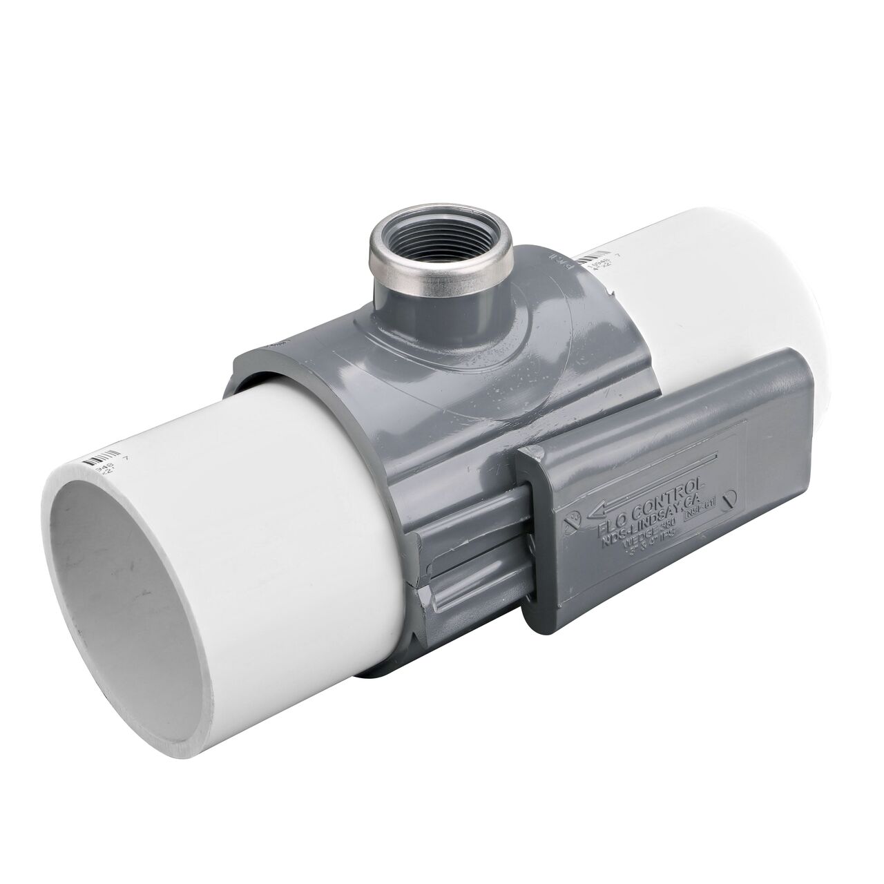 The NDS Clamp-It™ Rigid PVC Saddle with 1-1/4 in. FPT connection on top (NDS 444012) installed onto 4 in. PVC pipe with the wedge closure half-way secure