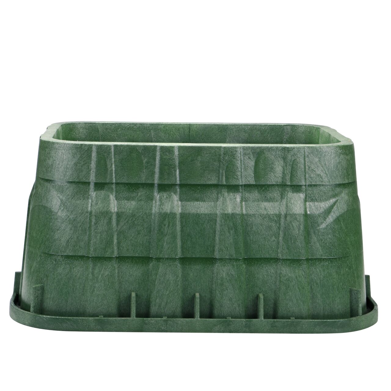 Side view of the non-pipe hole side on the NDS Green plastic 13 in. X 20 in. Rectangular Pro-Spec® Series Valve Box (NDS 318B) showing durability through the reinforced ribs and edging