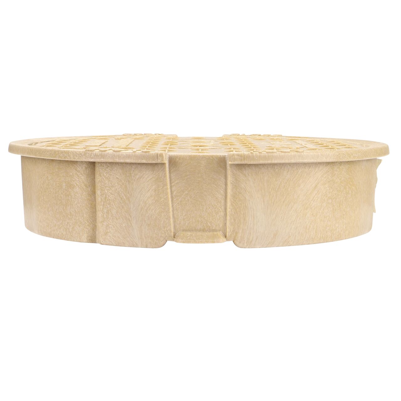 The NDS 10 in. Round Pro-Spec® Series Sand Irrigation Control Valve Valve Box Cover (NDS 311CSAND) is an overlapping lid shown here from the side, that prevents dirt and debris from entering the valve box