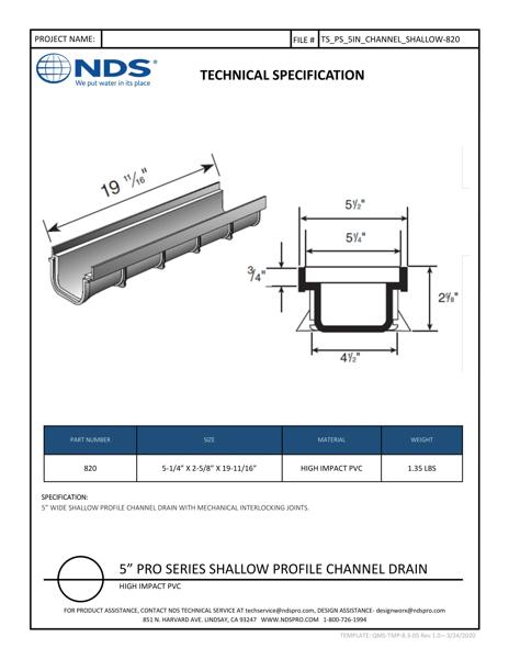 NDS 5 in. Pro Series™ Channel Drain Shallow Profile Tech Spec