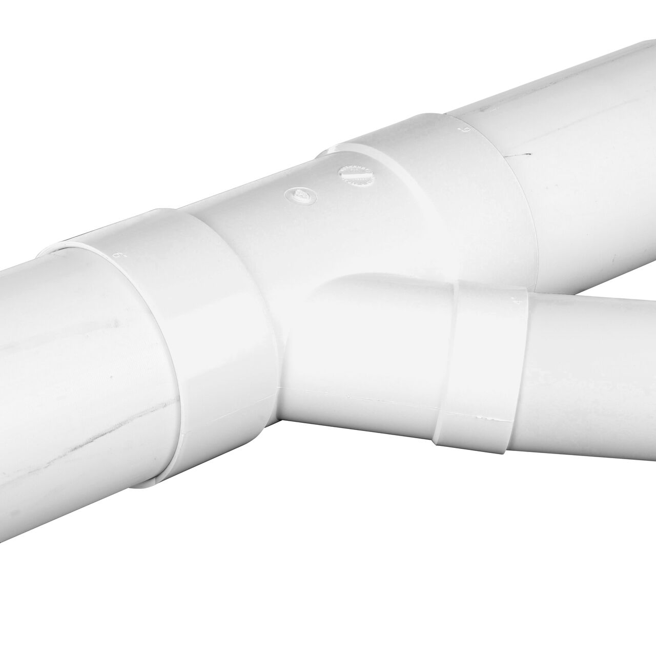 The NDS PVC 45 degree wye in the horizontal position with two 6 in. S&D pipe on the ends and one 4 in. S&D pipe in the middle (NDS 64P08, NDS L64P08) in the horizontal position