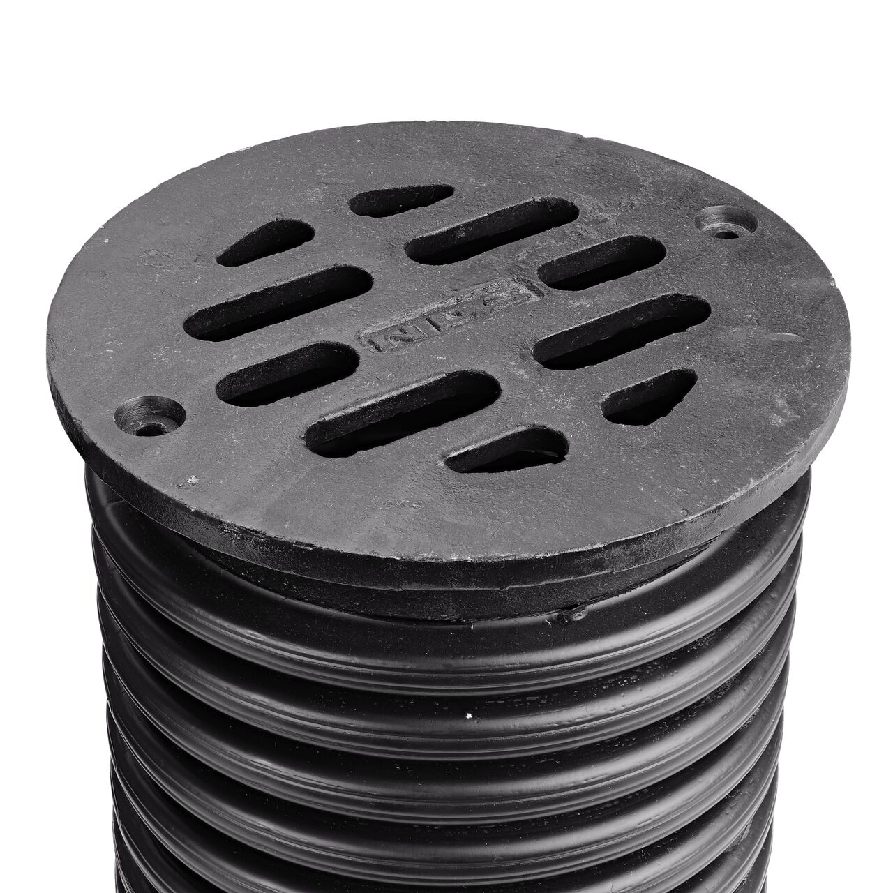 NDS 8 in. Round Duracast™ Ductile Iron Grate (NDS D8) on a 8 in. Sewer and Drain Pipe