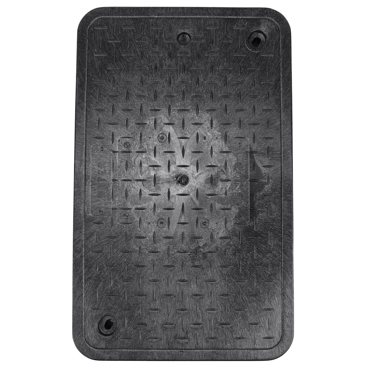 Top down view of the top side of the Black Irrigation Control Valve cover for the NDS 13 in. x 24 in. Rectangular Pro-Spec® Series Valve Box (NDS 325BCBBLK) showing the Black Irrigation Control Valve markings