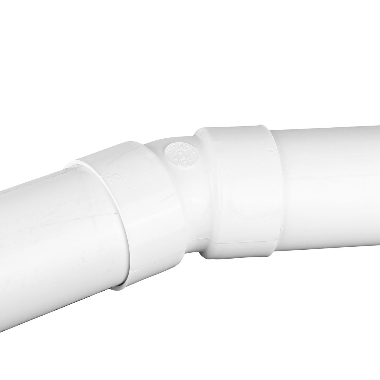 Alternate view with 3 in. S&D pipe attached to both ends of the PVC 22.5° elbow, connects 3 in. Sewer and Drain pipes, Hub X Hub connection (NDS 3P04)