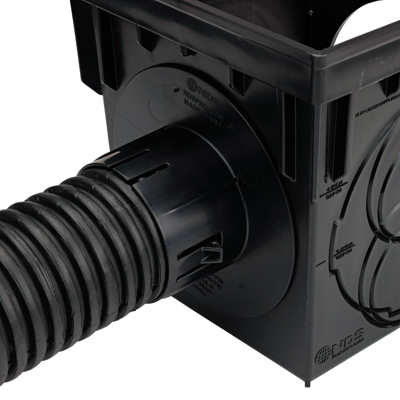 Step 3 in how to connect the 9 in. Square 2-opening Catch Basin Drain (NDS 900, NDS 900BLKIT, NDS 900GRKIT, NDS 900SKIT, NDS 900MTLKIT) to pipe is to install 3 in. single wall corrugated pipe into adapter for a soil-tight fit