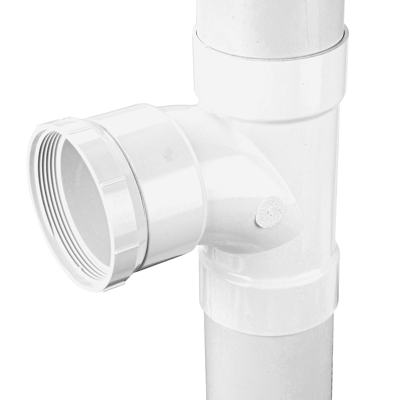 The NDS 4 in. PVC Sewer and Drain 3-Way Sanitary Tee (NDS 4P09C*, NDS 4P09*, NDS 4P09) in vertical position with 4 in. S&D pipe attached to top and bottom connection points and a PVC S&D Female Fitting Cleanout Adapter attached to middle hub