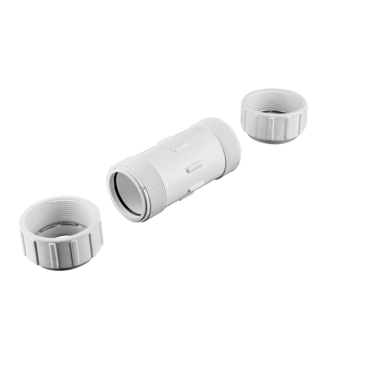 Unassembled NDS 2 in. SDR-9 CTS Flo-Lock™ Gripper Coupling showing where the two ends come apart to secure the adapter to the pipe (NDS 710-20)