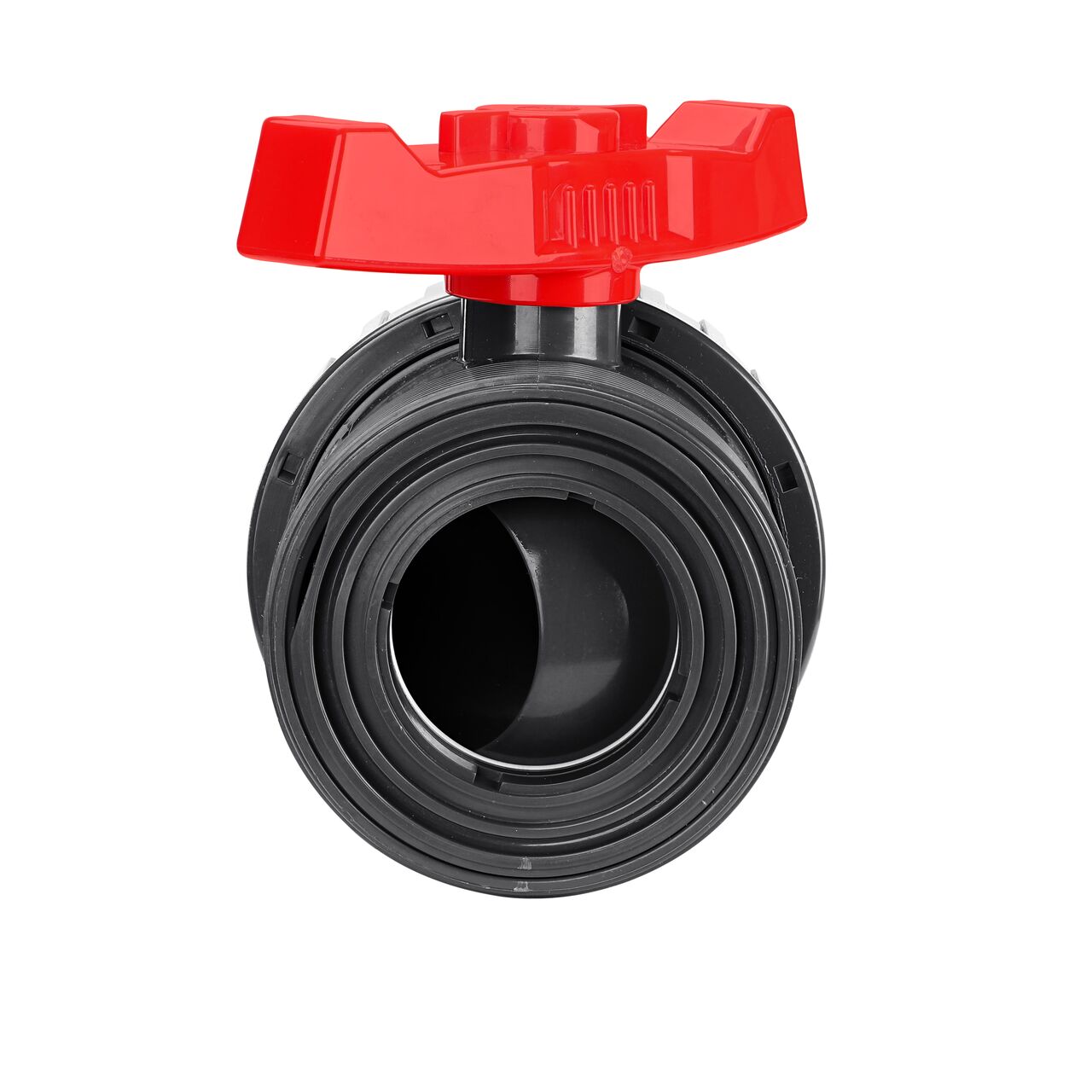 The NDS 3 in. PVC Slip True Union Ball Valve shown partially unassembled includes a Teflon ball seat, EPDM O-ring, and ABS handle to be used as a one-way valve installed in pipe systems (NDS BTU-3000-SE)