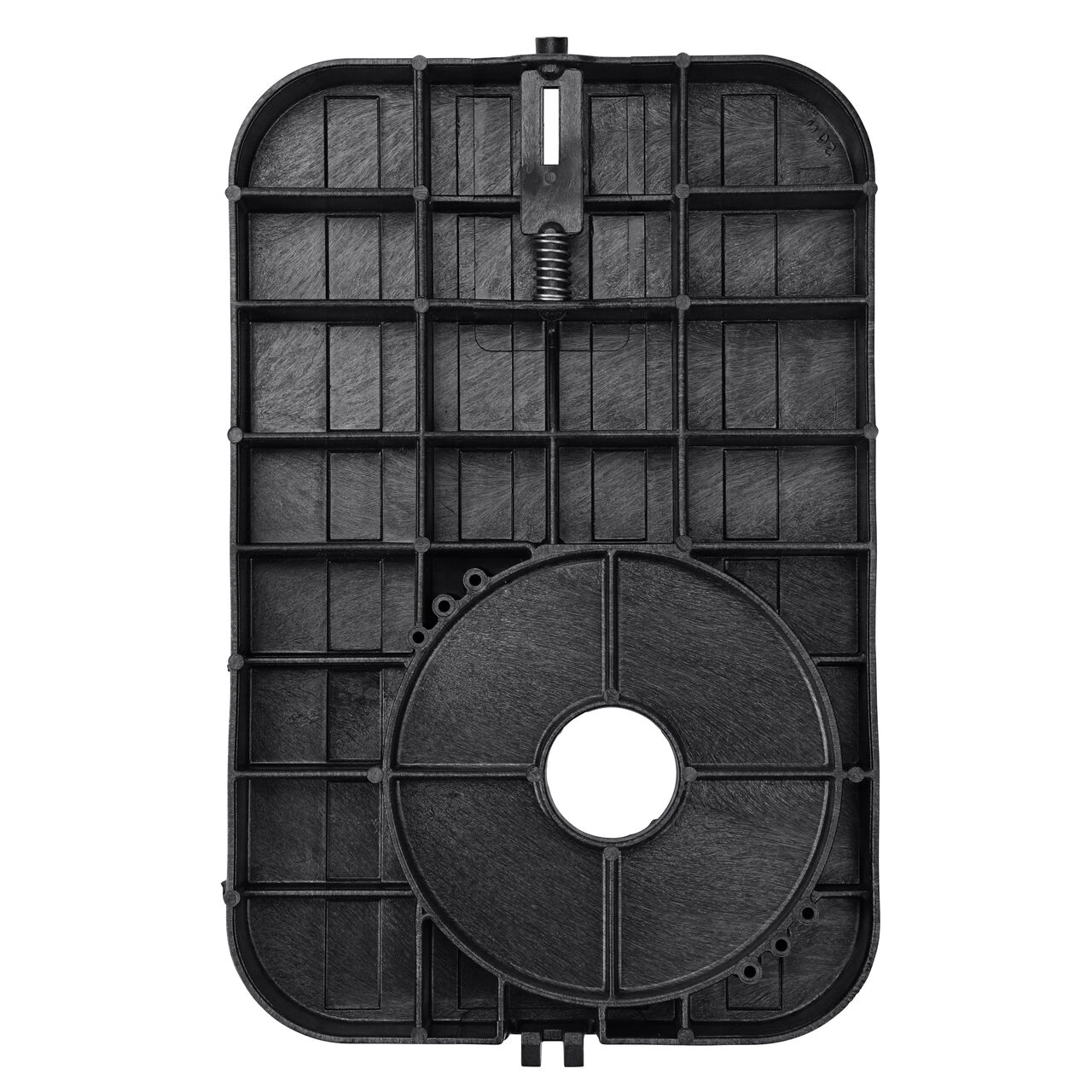 Top down view of the underside of the NDS Black Drop-in AMR locking Water Meter Cover (NDS D12-TAMRL) with 2 in. touch reader hole showing reinforcing ribs that help support pedestrian and lawn care equipment