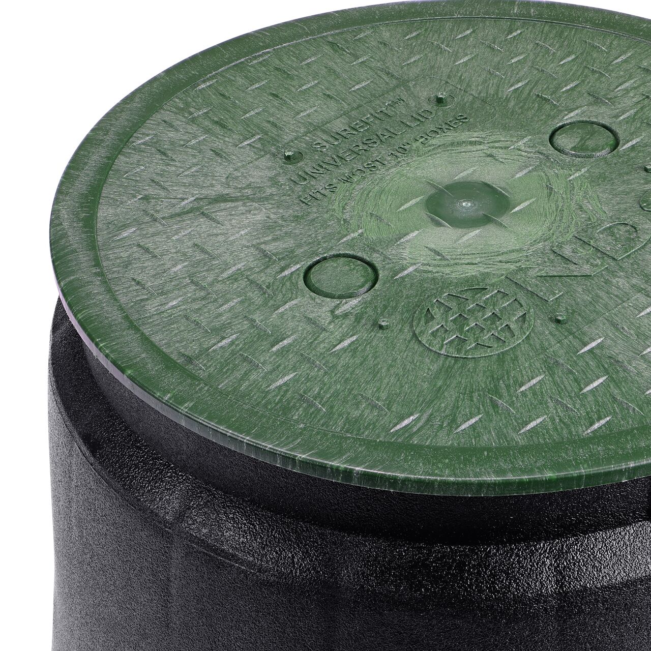 Closeup of the 10 in. Round SureFit Universal Valve Box Lid (NDS 10RND-UC) installed on a black Dura valve box