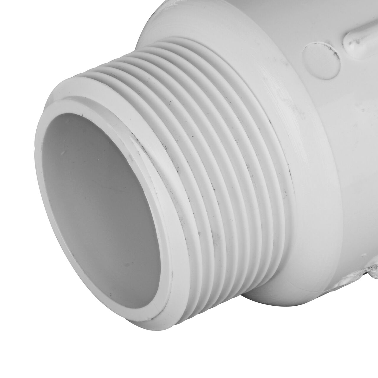 Closeup view of the PVC Compression Adapter, 1-1/4 in. IPS UC X 1-1/4 in. IPS MPT socket end showing adjustable nut removed and once installed provide a leak-resistant connection between two pipes (NDS CPA-1250