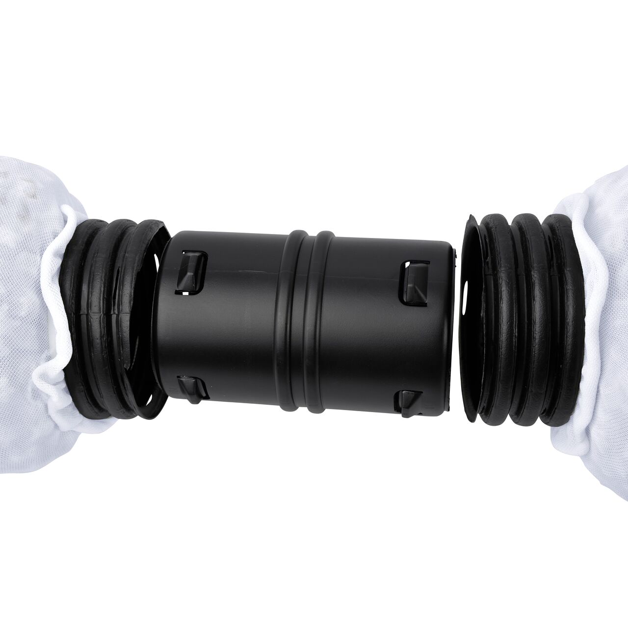 The NDS EZ Drain™ Gravel-Free French Drain System can be connected together with a corrugated internal coupling; step 2 shows coupling attached to one end of EZ Drain (NDS EZ-0802F, NDS EZ-0502F)