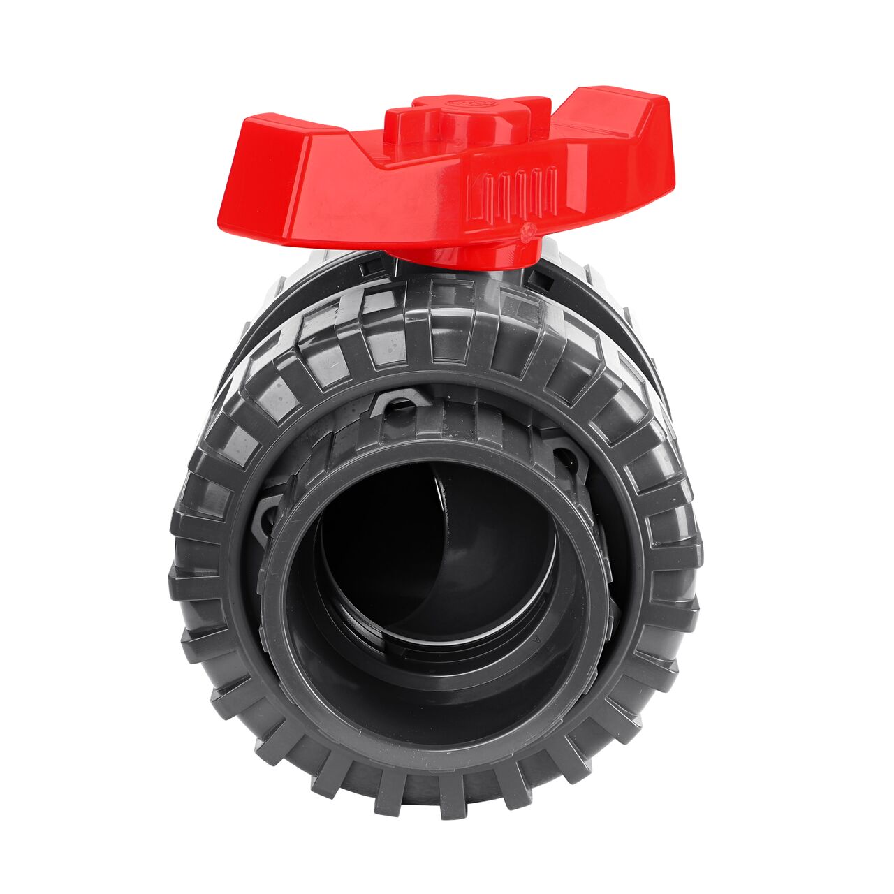 The NDS 3 in. PVC Slip True Union Ball Valve (NDS BTU-3000-SE) shown with the connection end attached with the handle in the half-way closed position to show how ball valve provides a shut off point in the system
