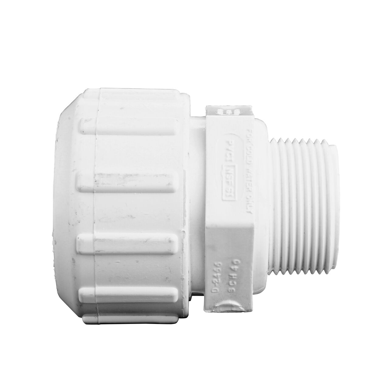 Side View of the NDS 1 1/4 in. Flo Lock Gripper Adapter (NDS 135-12) which transports water through pipes