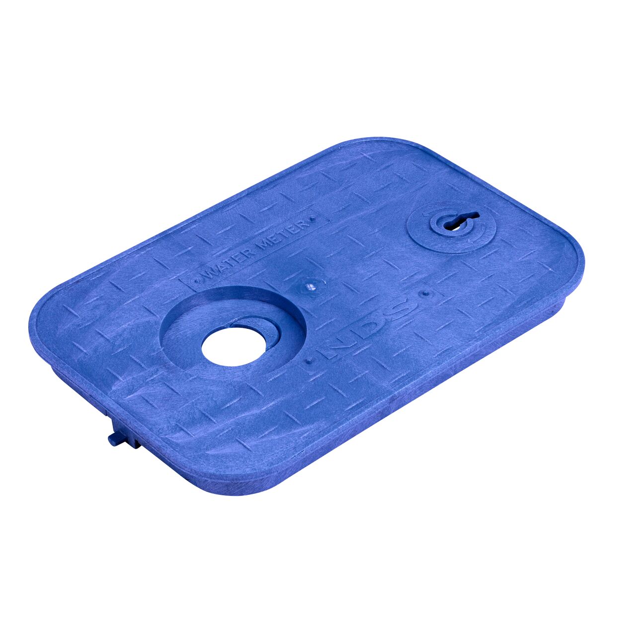 The NDS 14 in. X 19 in. Rectangular AMR Meter Box Cover is a Black Cover with Water Meter markings on the Drop-In lid (NDS D12AMR-OLLOCTRBLUL) with 2 in. Touch Reader Hole