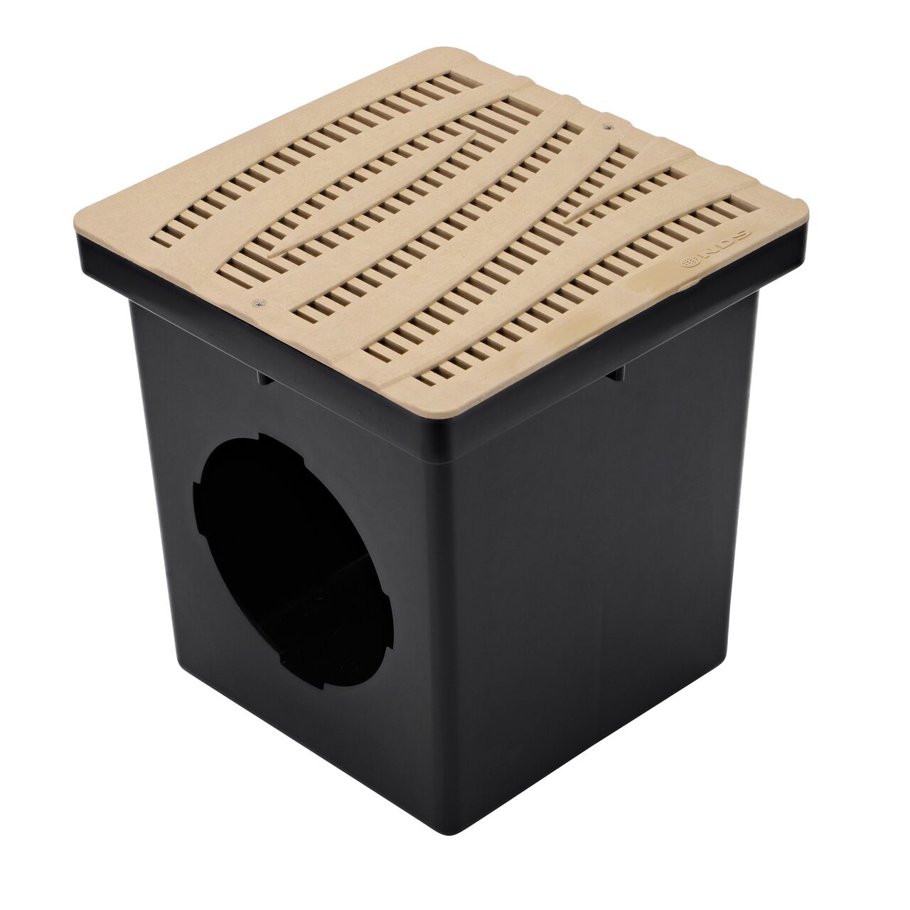 Alternate shot of 12 in. NDS Square Catch Basin Drain Grate, Decorative Wave Design, Sand Plastic (NDS 1224S) sitting on a NDS 12 in. Square Catch Basin (NDS 1200*); retail