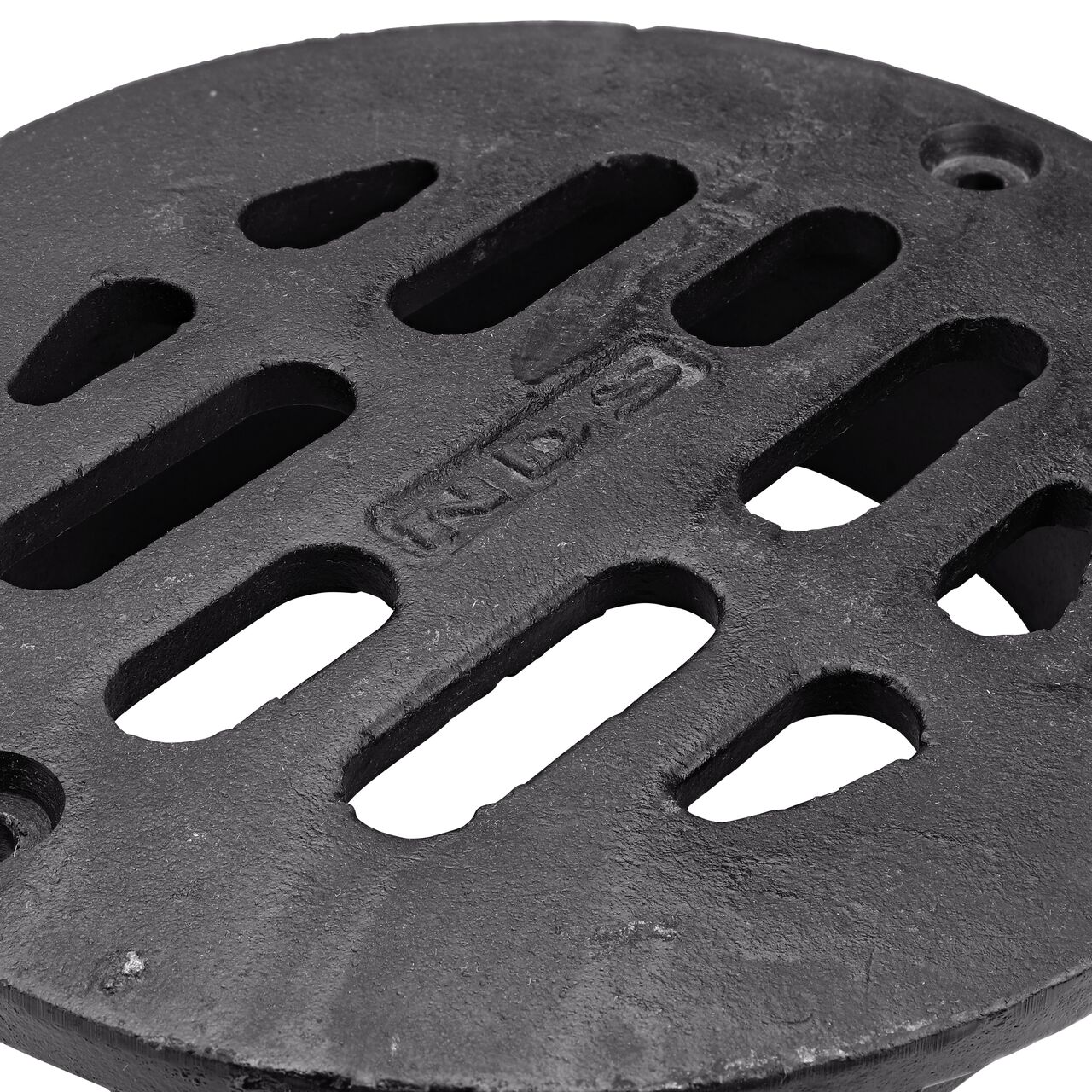 Closeup of the grate design of the NDS 8 in. Round Duracast™ Ductile Iron Grate (NDS D8)