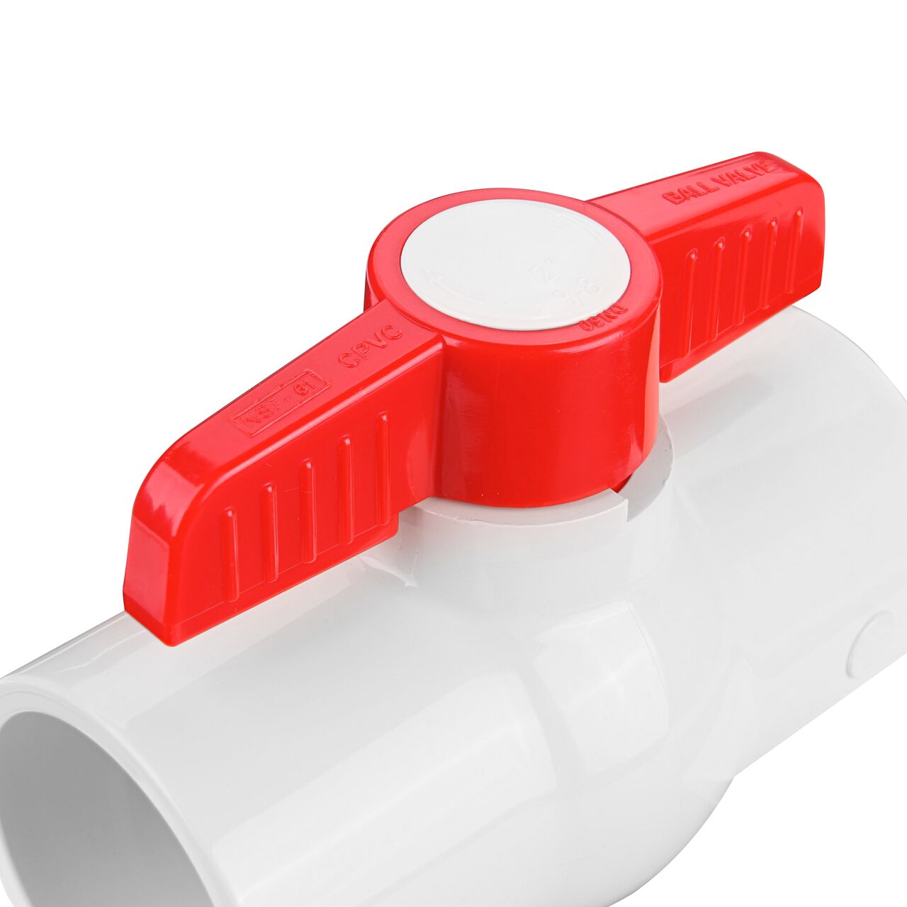 Closeup of the NDS CTS Ball Valve showing the handle that rotates two ways to control water flow (NDS C1310-20)