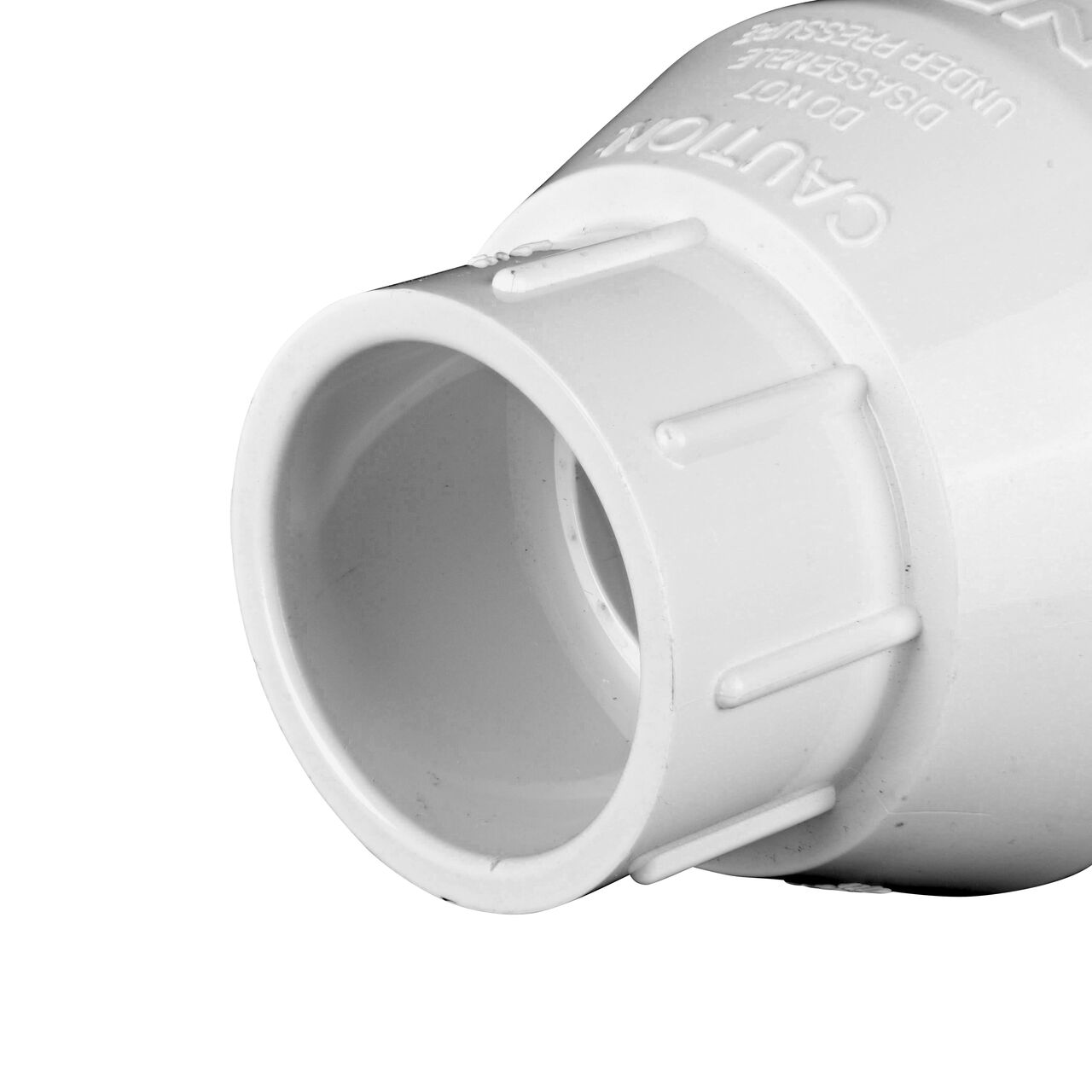 Closeup of outlet end on the NDS White 1-1/4 in. slip end by slip end PVC Swing Check Valve (NDS 1520-12)