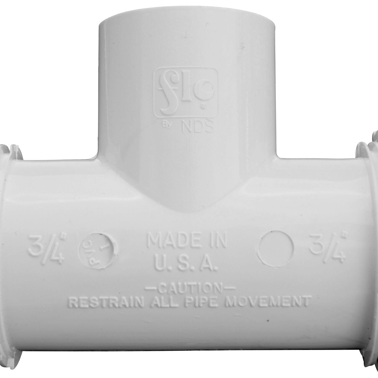 Closeup view of The NDS PVC Threaded Tees 3/4 in. IPS UC X FPT showing that it is made in the USA as part of a complete flow management system for pool, spa, irrigation, and plumbing applications (NDS CPT-0750-T)