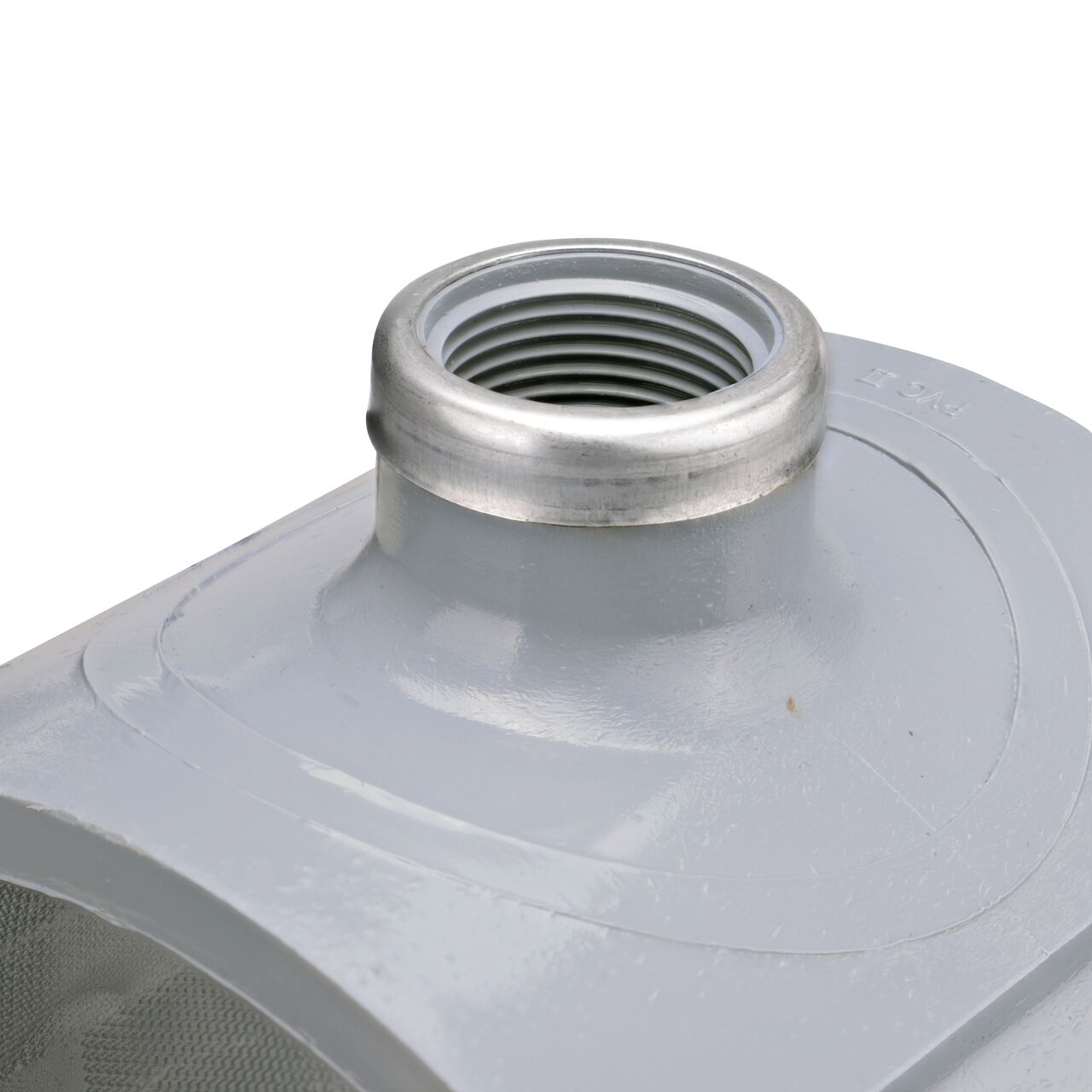 Closeup of the 1 in. FPT connection on the NDS Clamp-It™ Rigid PVC Saddle (NDS 446010) for 6 in. PVC pipe