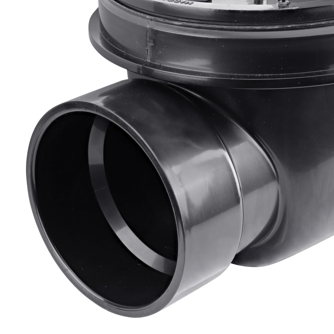Closeup of the inlet end of the NDS Black 4 in. ABS Backwater Valve (NDS 475)