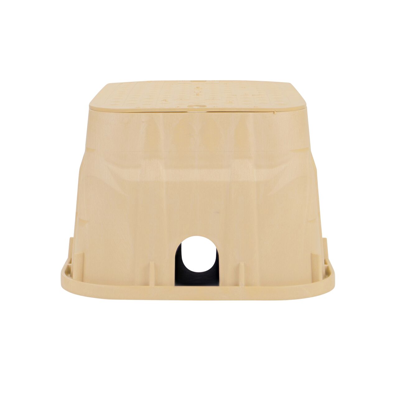 Side view of the shorter width side of the NDS 13 in. X 20 in. Rectangular Pro-Spec® Series Jumbo Valve Box & Irrigation Control Valve Cover (NDS 318BCBSAND) rugged enclosure for water and irrigation pipe connections