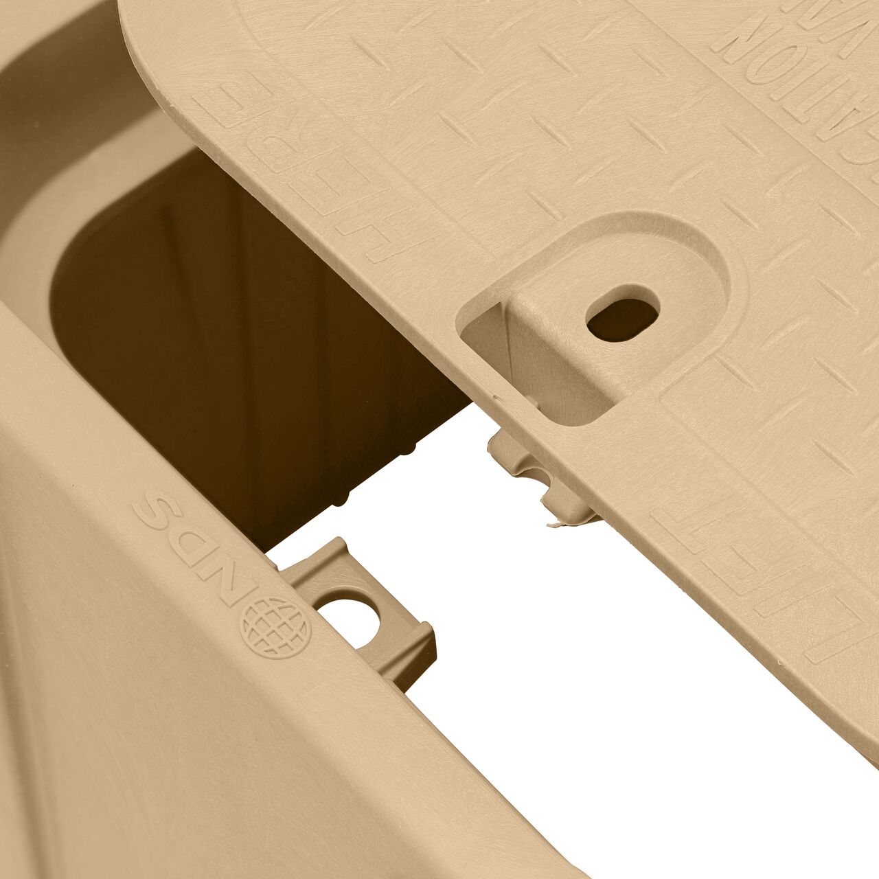 Align the bolt hole on the lid with the universal locking mechanism hole on the box from the NDS 14 X 19 in. Rectangular Pro-Spec® Series Sand Box and Sand Irrigation Control Valve Cover (NDS 314BCSAND) for a secure fit