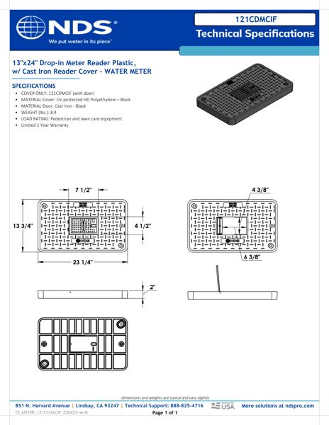 NDS 13 in. X 24 in. Rectangular Meter Box Drop-in Cover, Black Water Meter with Cast Iron Reader Tech Spec
