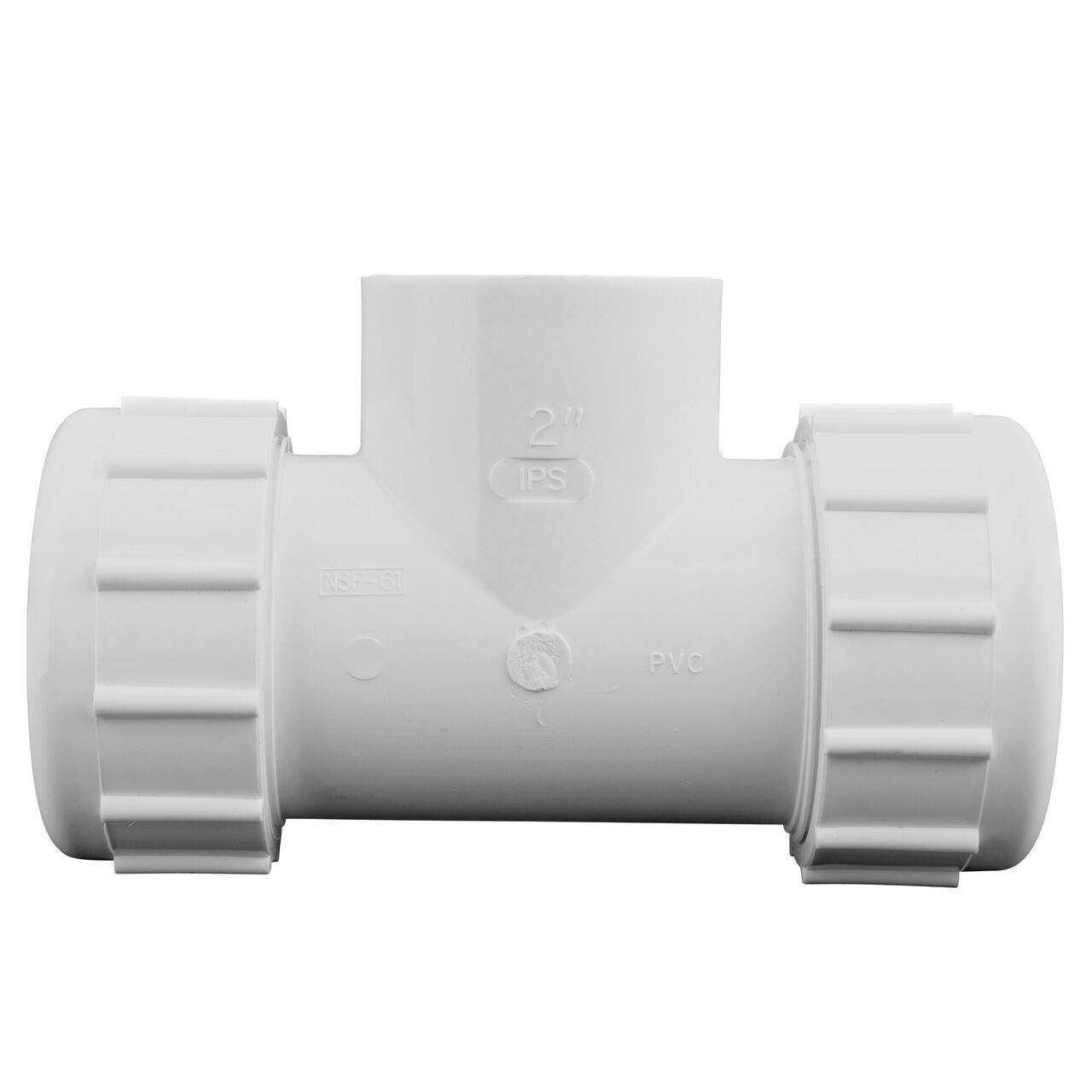 The NDS PVC Threaded Tees has adjustable nut on each compression end that connect onto 2 in. IPS pipe ends and one FPT end that threads onto a 2 in. IPS MPT pipe end to provide a corrosion-free connection (NDS CPT-2000-T)