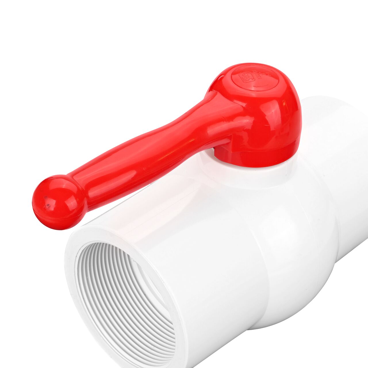 Closeup of the NDS IPS Ball Valve showing the handle that rotates two ways to control water flow (NDS E1320-30)