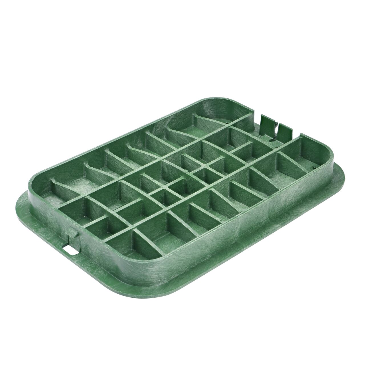 Bottom view of the reinforced ribs on the NDS 13 in. X 20 in. Green Irrigation Control Valve cover (NDS 317C) that fits the NDS 13 in. X 20 in. Pro-Spec® Series Valve Box
